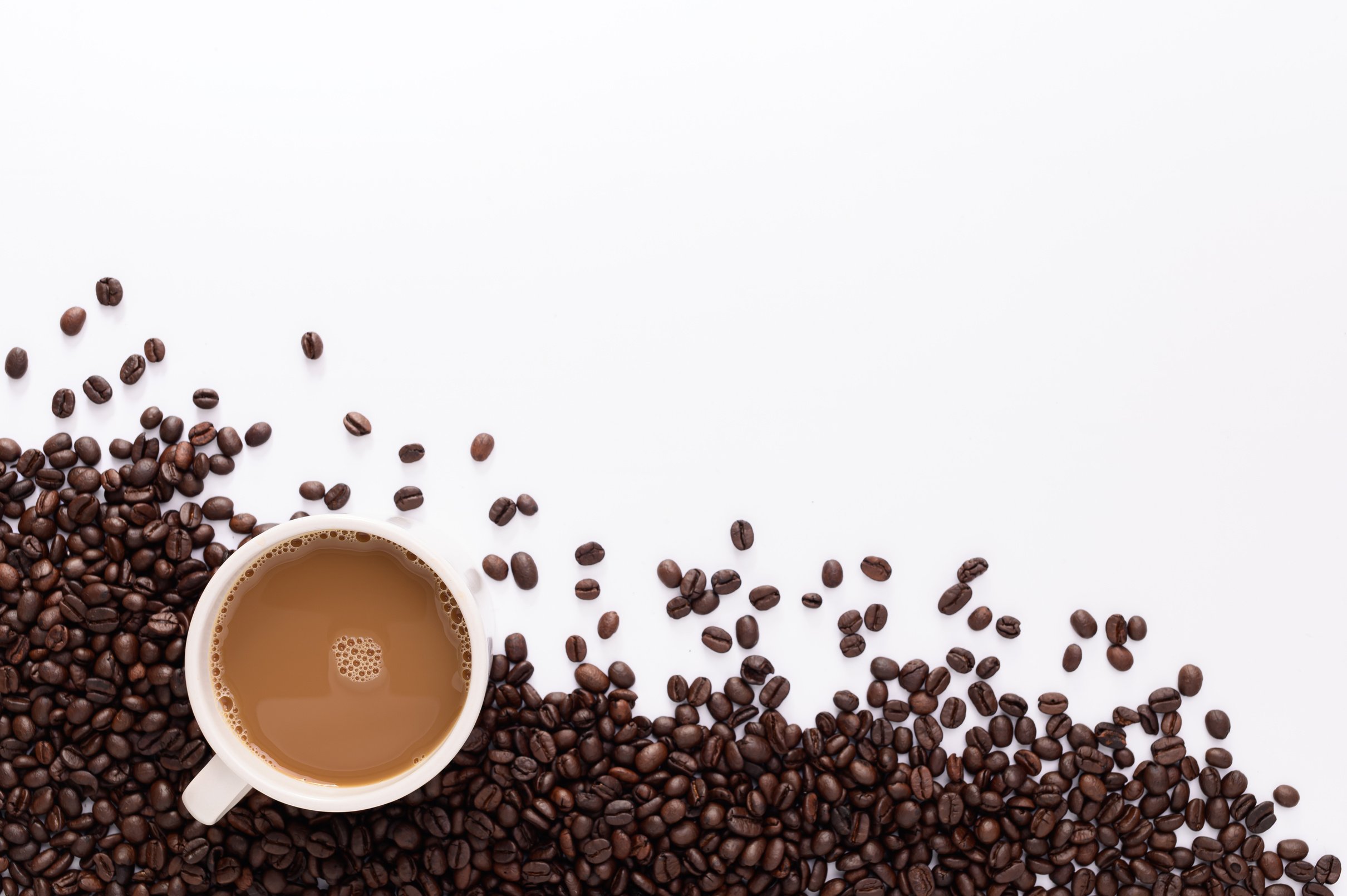 Coffee Mug, Coffee Beans, White Background Scene